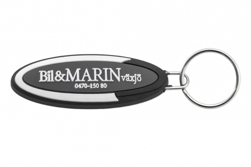 Nøkkelring i gummi med preget logo og egen form